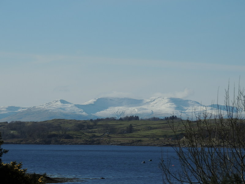 View from cottages across to the snow covered mountains on Isle of Mull.